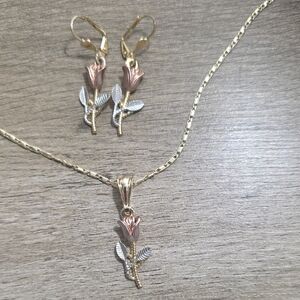 14k Gold Plated Tri-Color Rose Necklace and Earrings Set - Gold, Rose, Silver